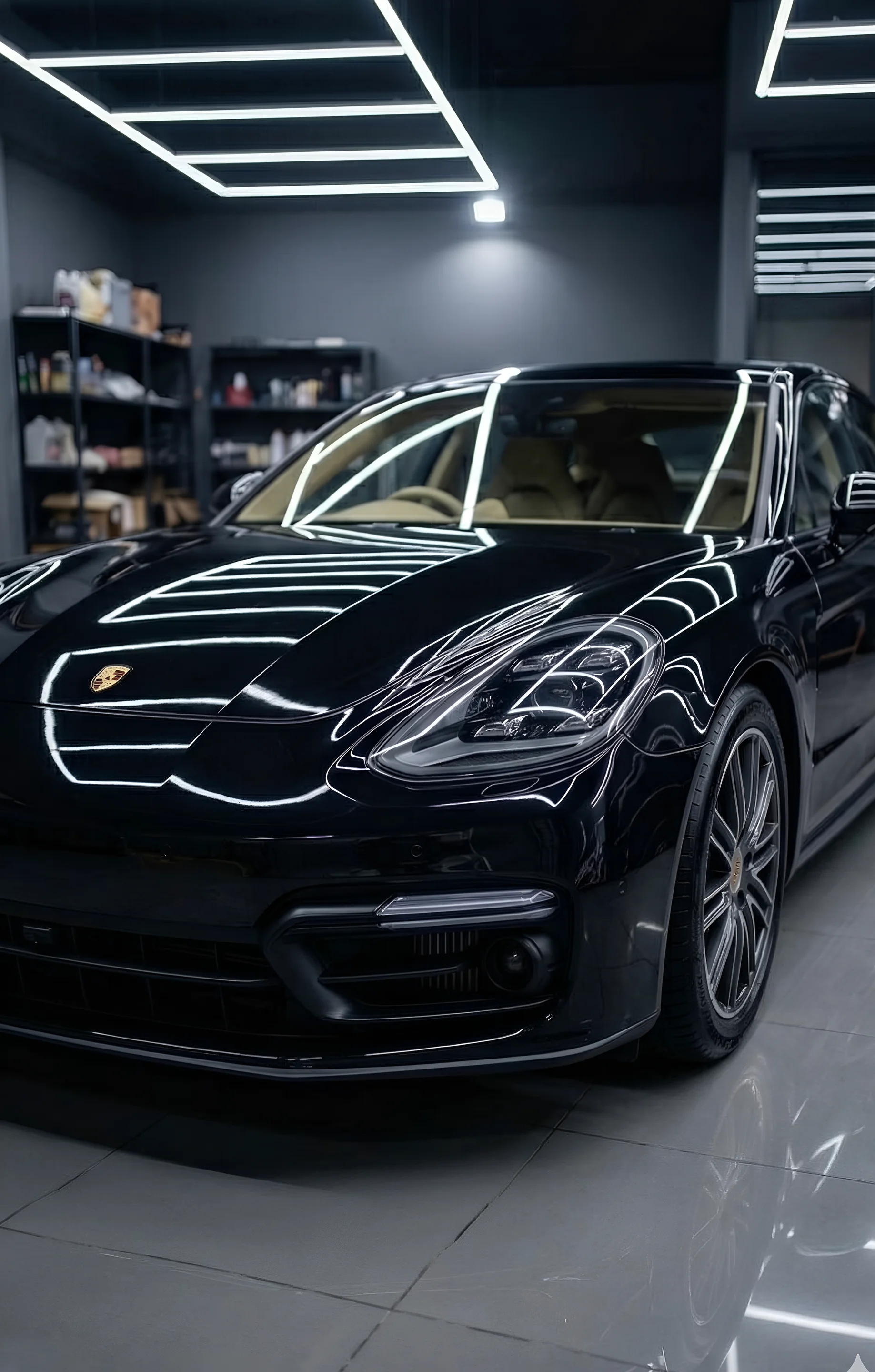 Mirror-finish Porsche Panamera with perfect ceramic coating reflections at Dust Defender Lab studio