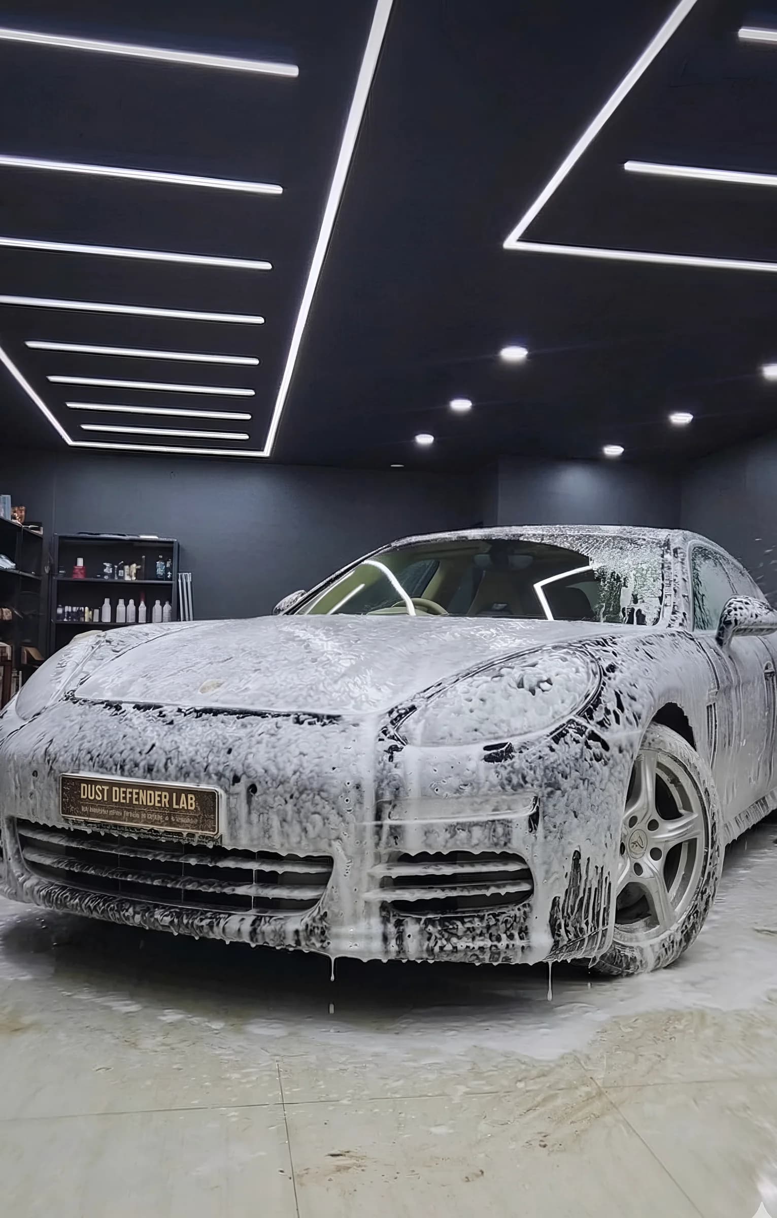 Porsche Panamera covered in thick foam wash at detailing studio