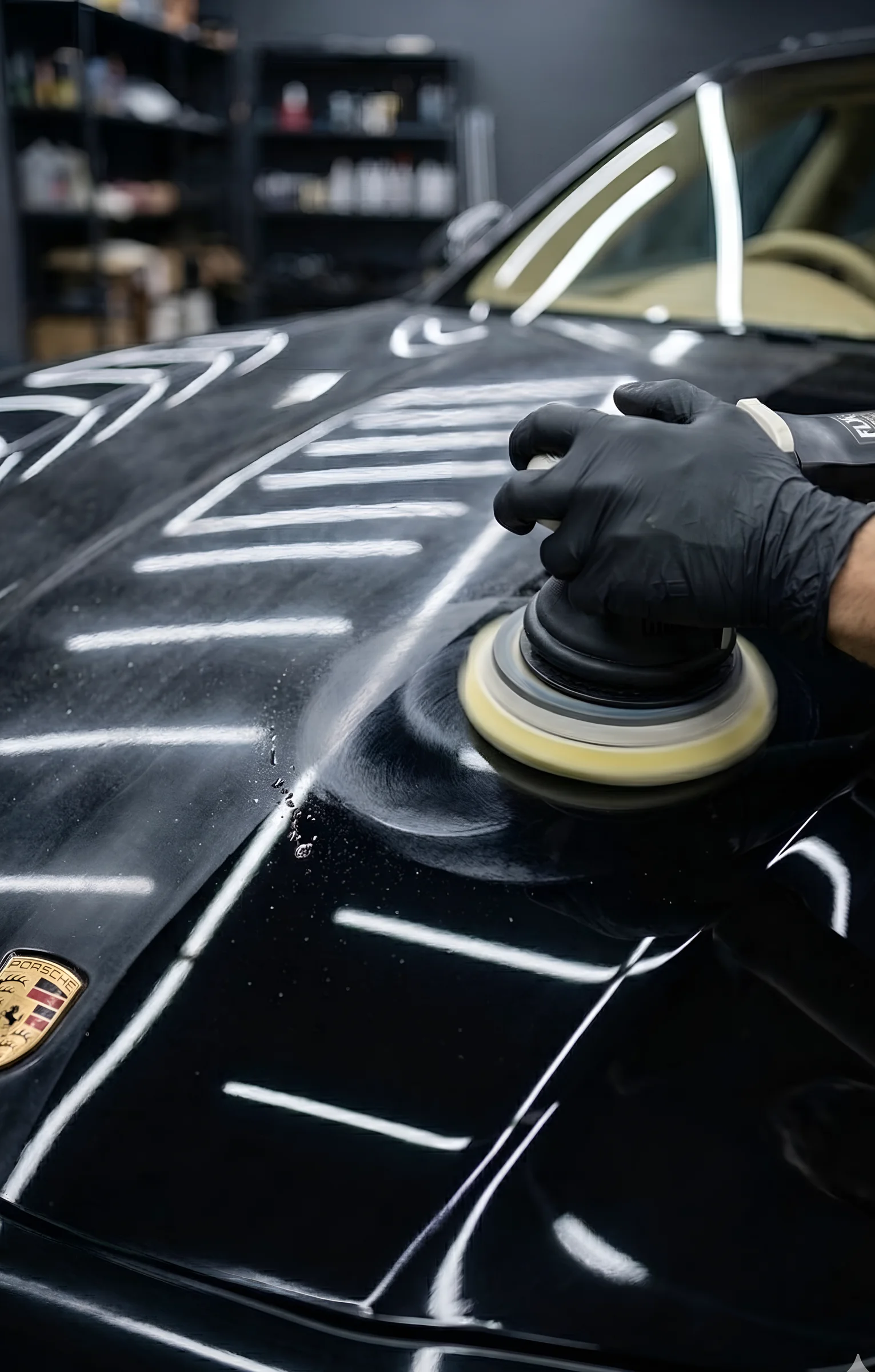 Close-up of machine polishing paint correction on Porsche hood