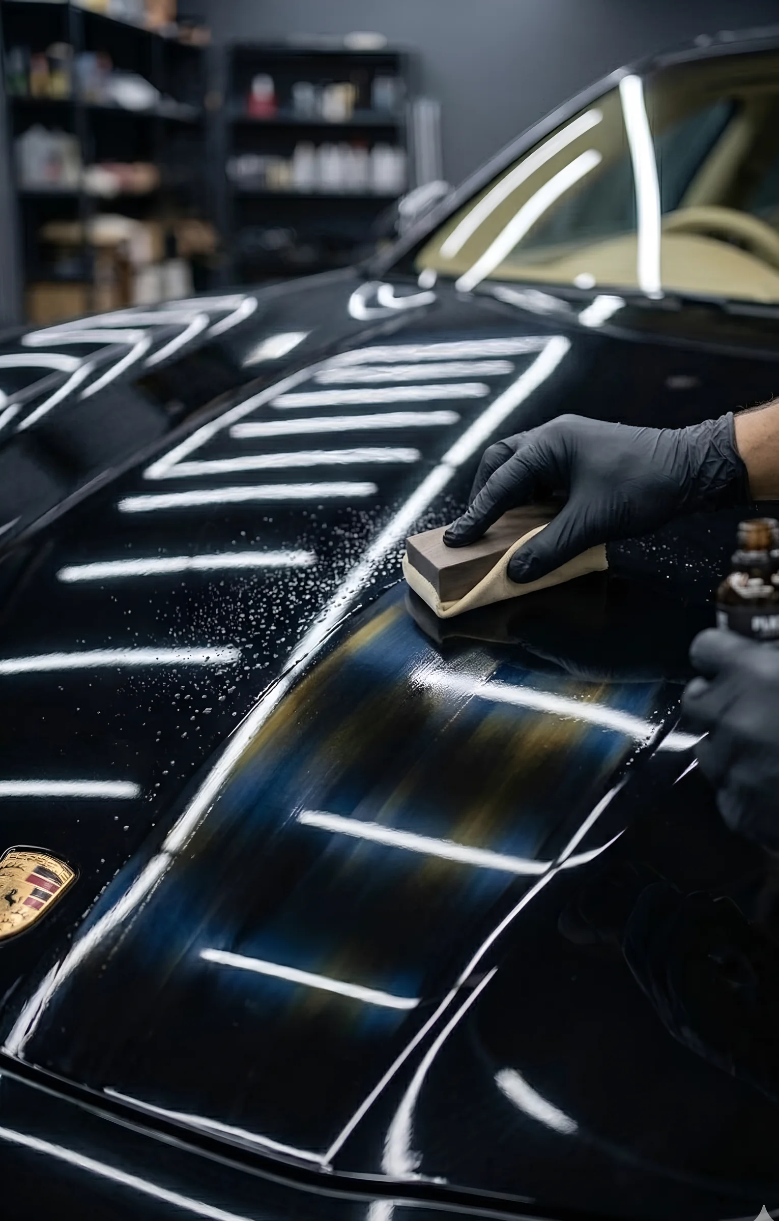 Ceramic coating application showing iridescent shimmer on Porsche hood